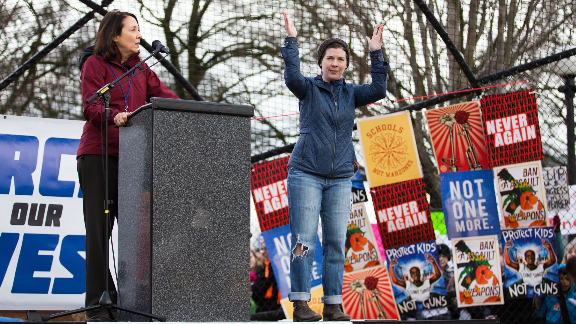 Democratic Senator Maria Cantwell, left, speaks at Cal Anderson Park during the March for Our Lives rally on March 24, 2018 in Seattle, Washington.