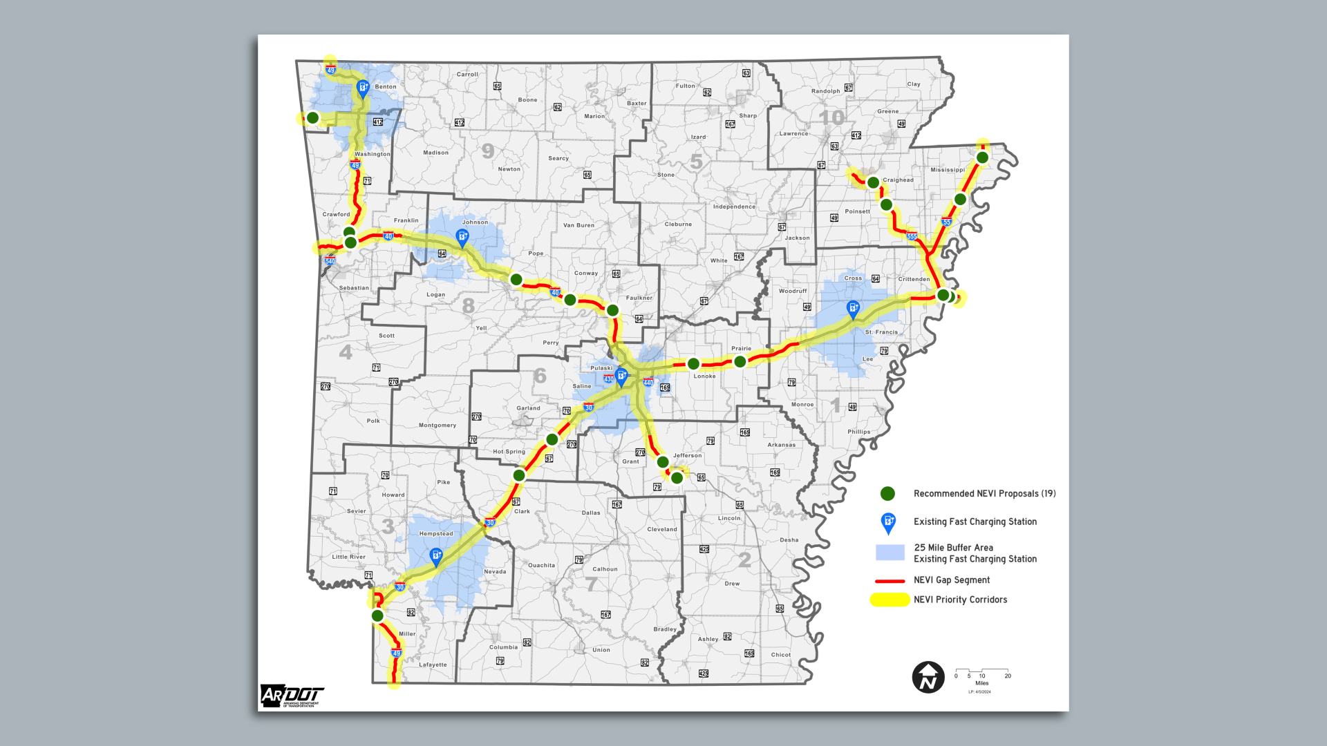 A map of Arkansas with 19 EV charging stations highlighted along major highways. 