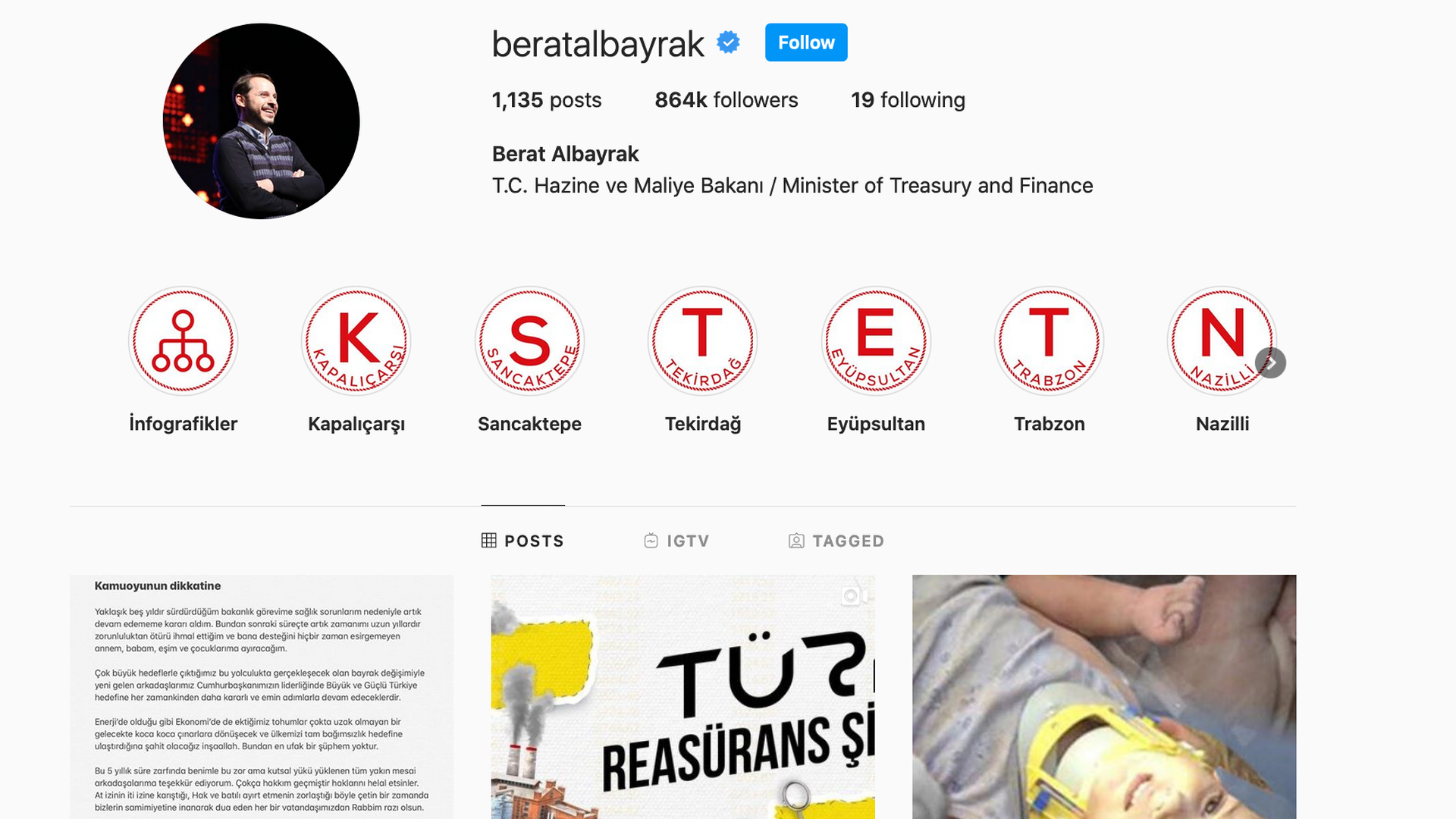 A screenshot of Turkish finance and treasury minister's Instagram page.