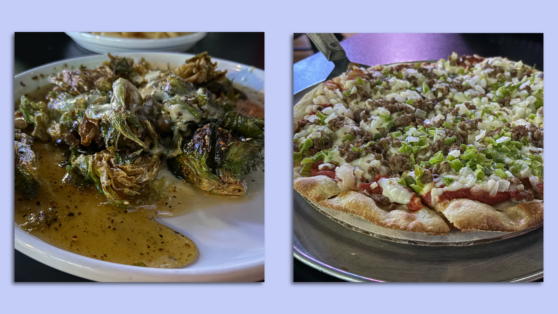 Two photos. One of Brussels sprouts on a plate and another of pizza.