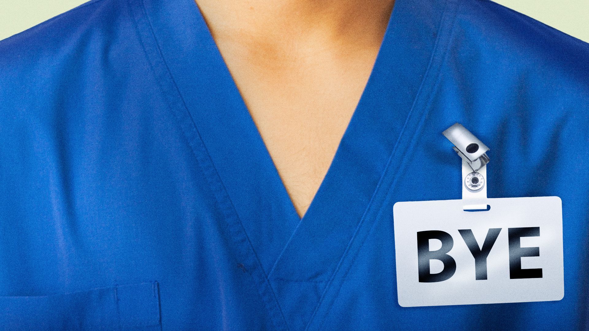 Illustration of a healthcare worker with an ID that says "BYE".