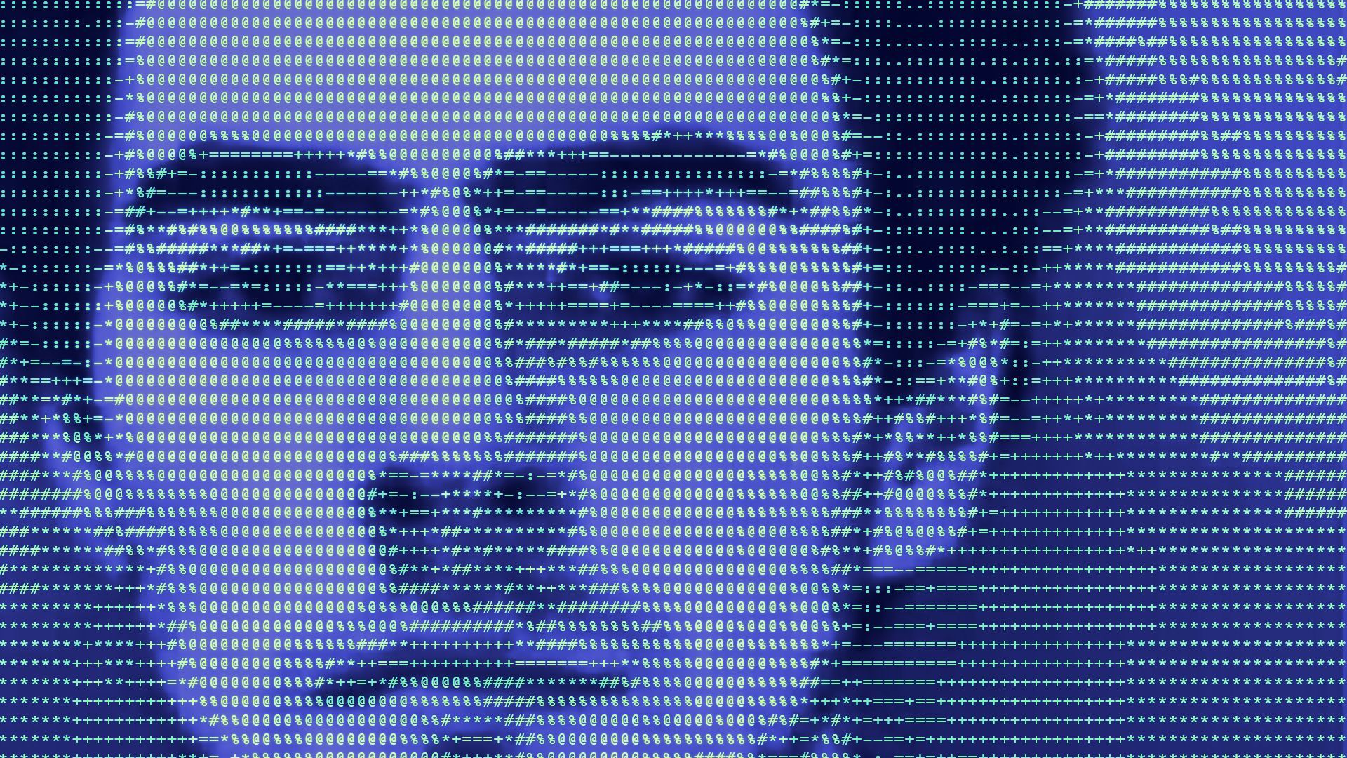 Photo illustration of Luigi Mangione made out of glowing ASCII art. 