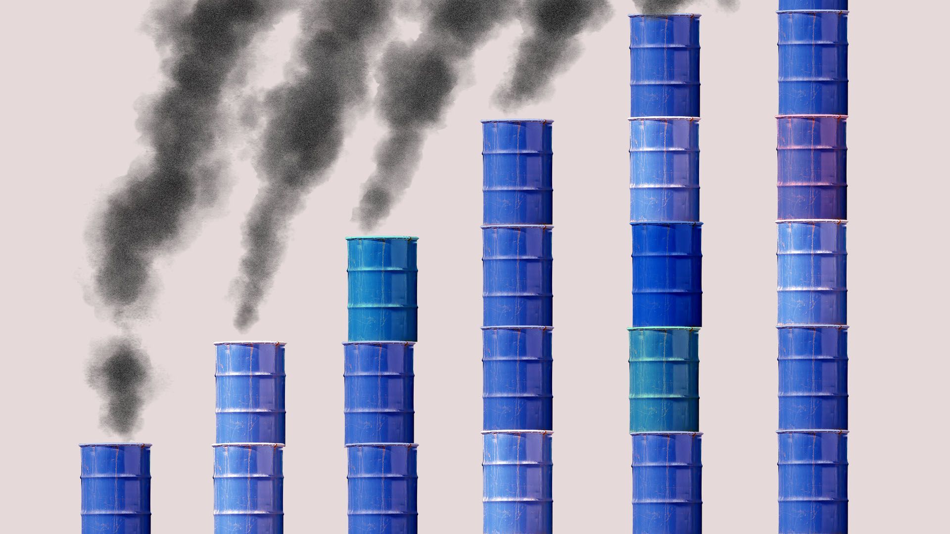 Illustration of stacks of oil drums as a bar chart with smoke coming out of the tops.