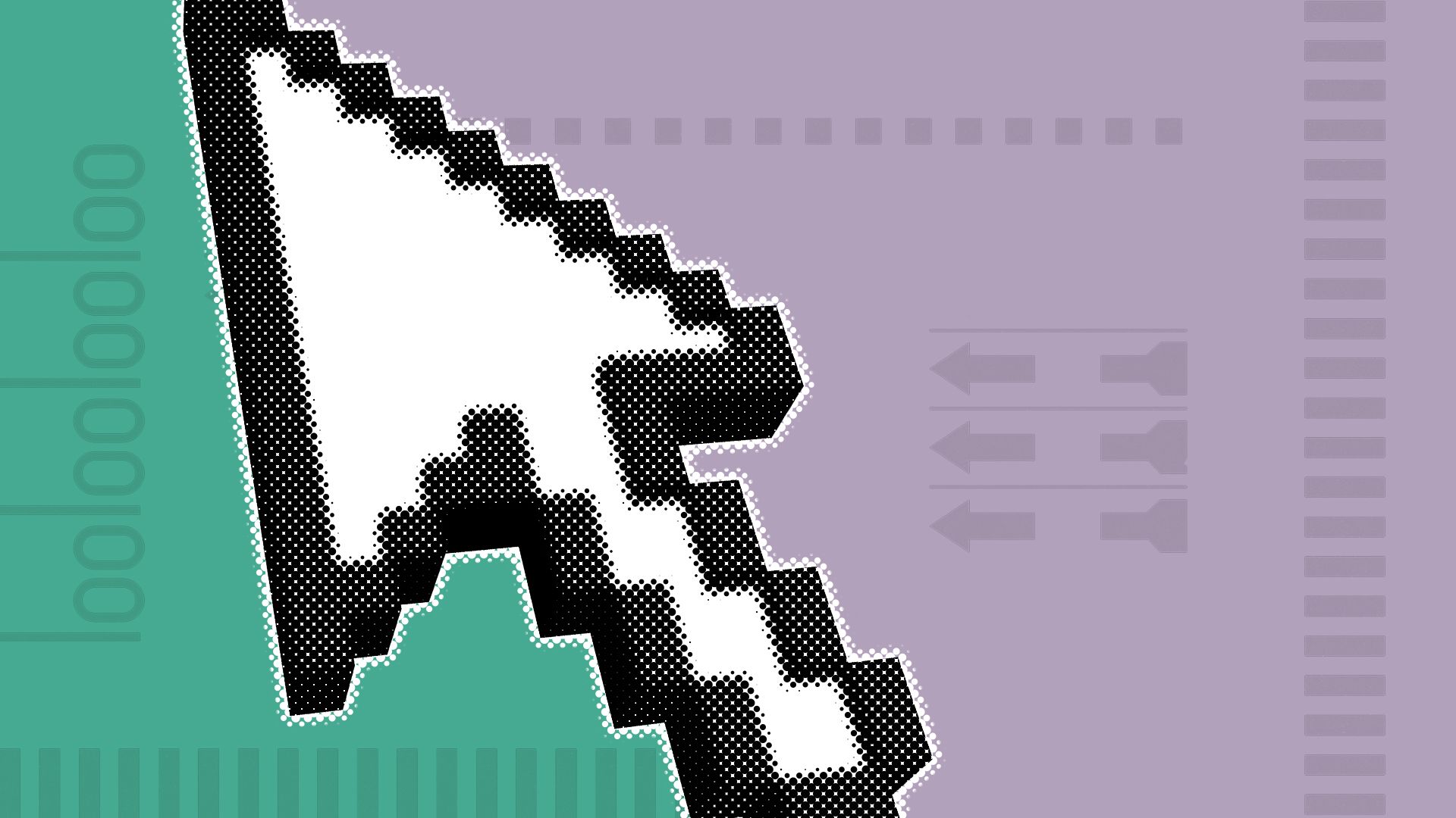 Illustration of a cursor over a divided green and purple background covered with elements of ballots.