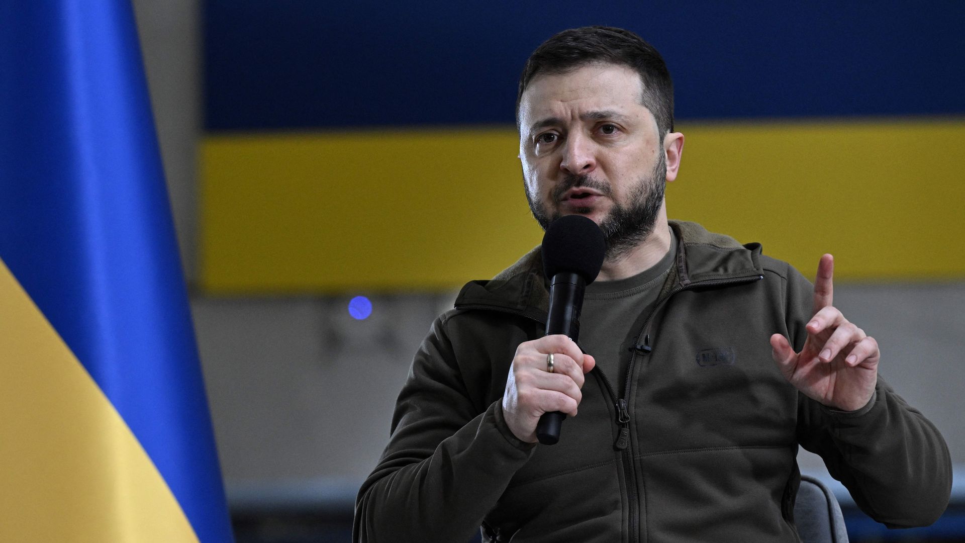 Ukrainian President Volodymyr Zelensky addresses a press conference with international media in an underground metro station in Kyiv on April 23.