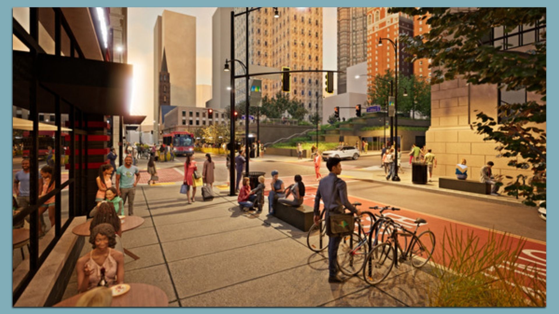 Urban city street scene at sunset with diverse people walking, sitting, dining outdoors, and a man locking a bicycle near a red bus and tall buildings in the background.