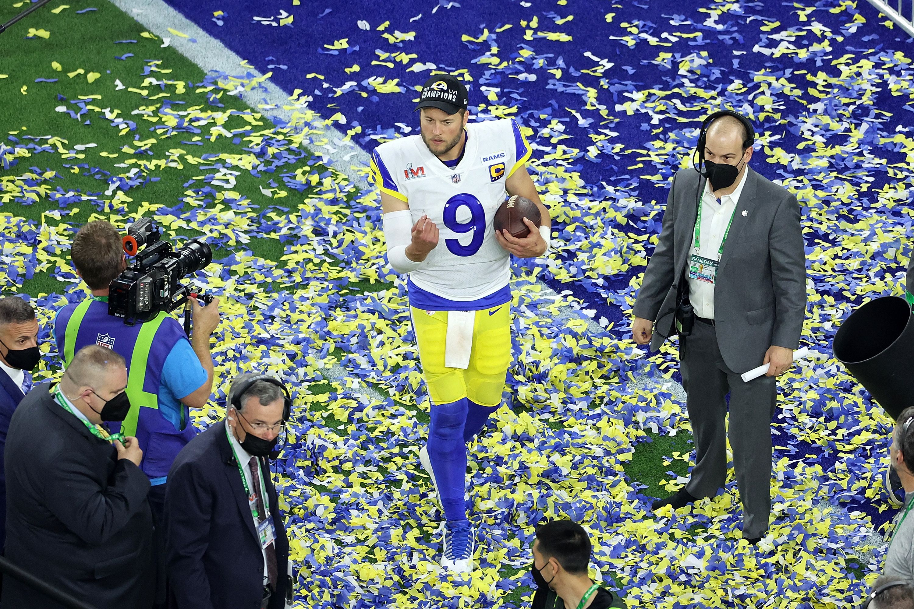 Matthew Stafford #9 of the Los Angeles Rams celebrates after defeating the Cincinnati Bengals during Super Bowl LVI at SoFi Stadium on February 13, 2022 in Inglewood, California. 