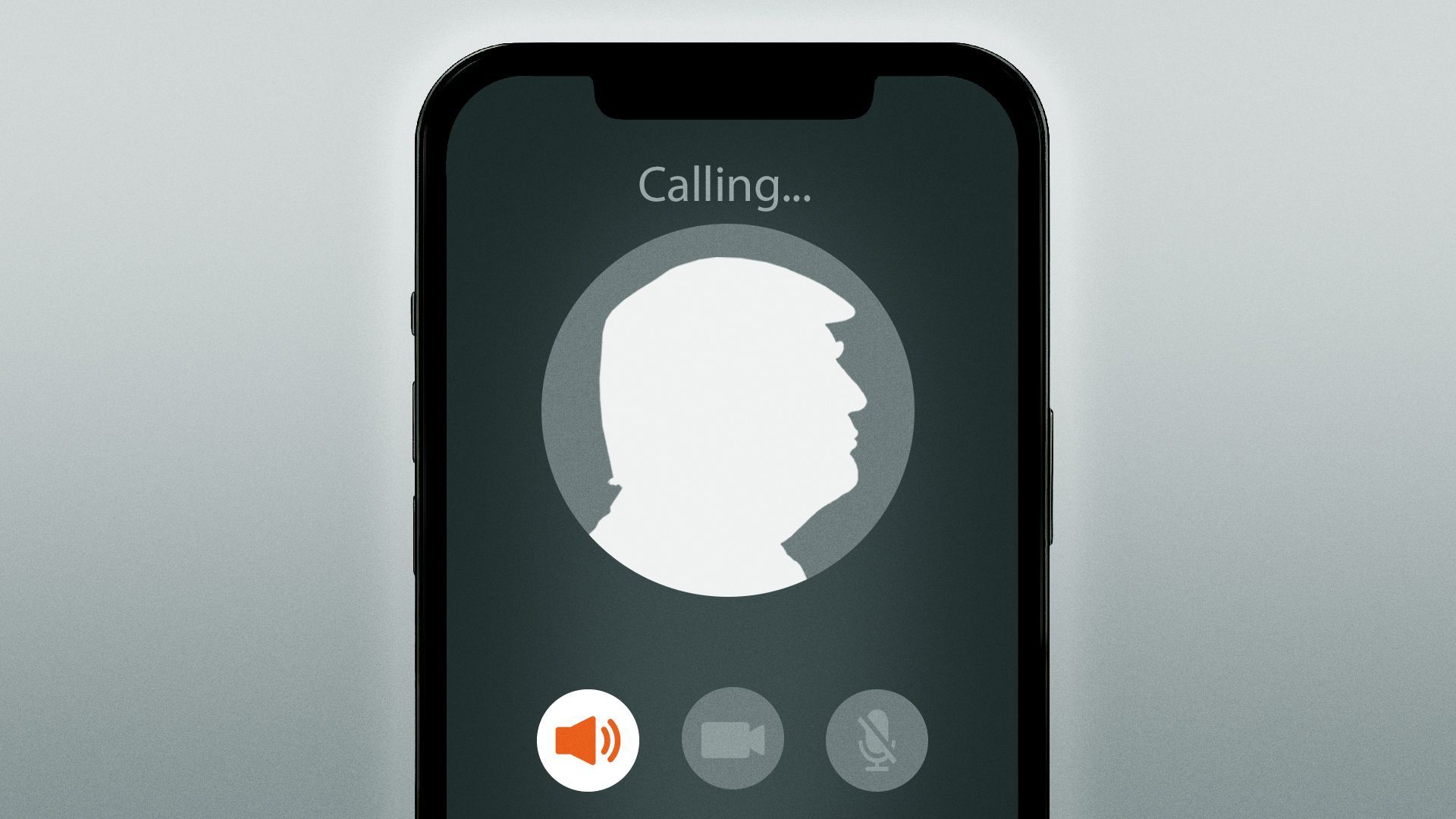 Illustration of a smartphone screen with Donald Trump's silhouette as an avatar, the word "Calling..." and the speakerphone icon highlighted.