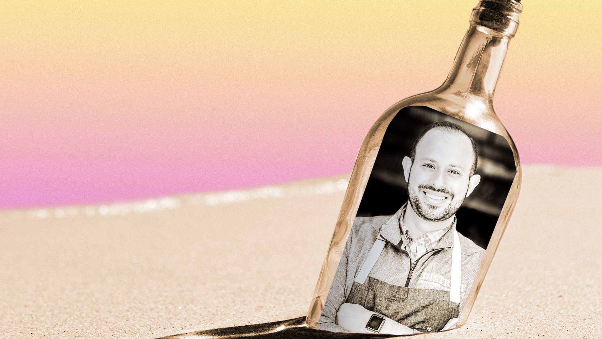Photo Illustration of Amir Hajimaleki inside a bottle on a beach.