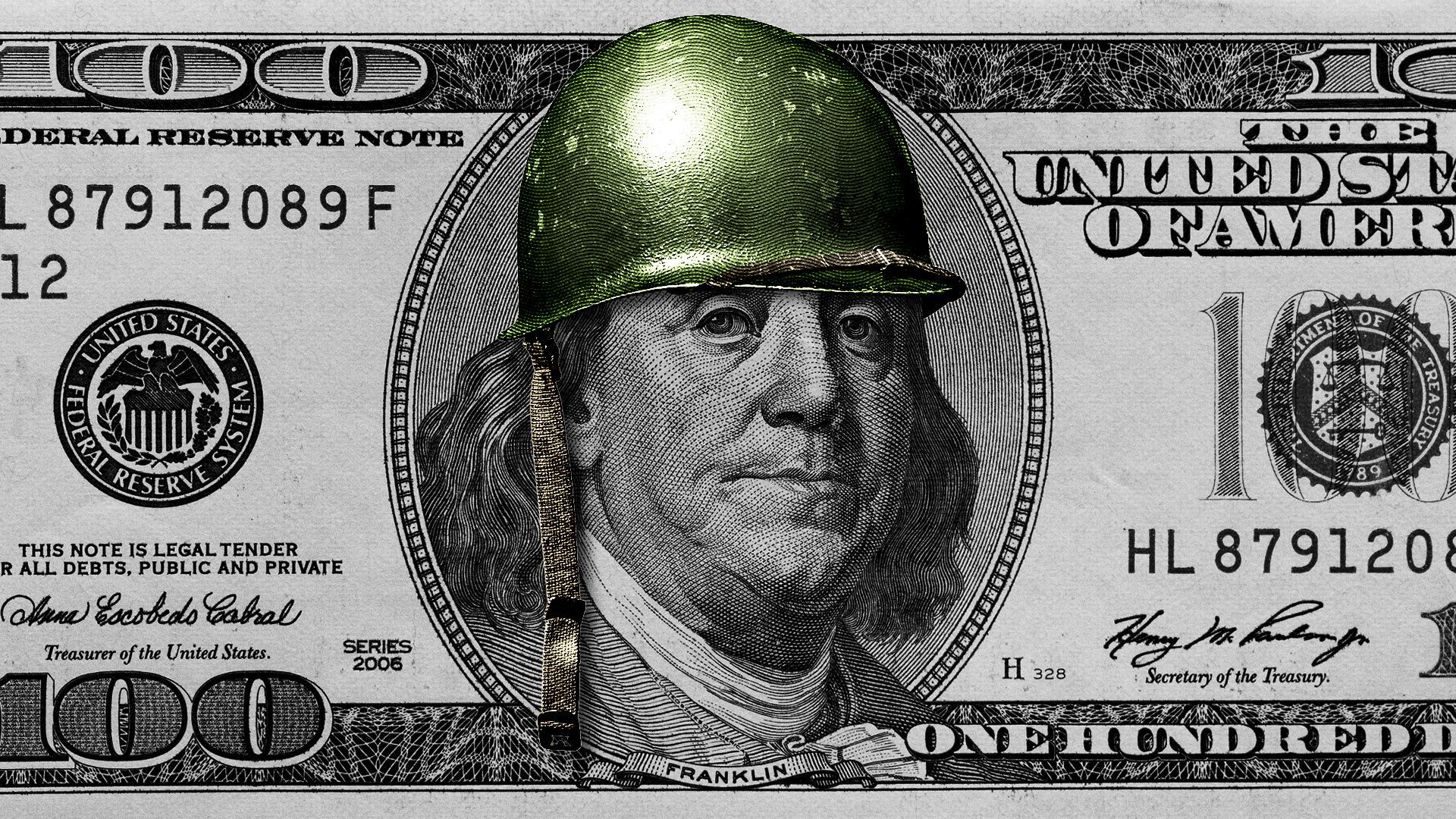 Illustration of Benjamin Franklin on the one hundred dollar bill wearing an army helmet. 