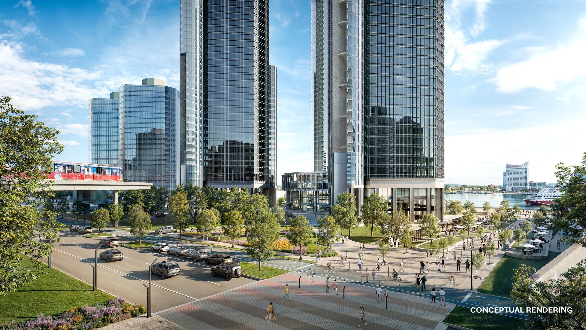 Modern riverside cityscape with tall glass skyscrapers, a red elevated metro train on the left, busy streets lined with trees, pedestrians, and a marina with a boat under a blue sky.