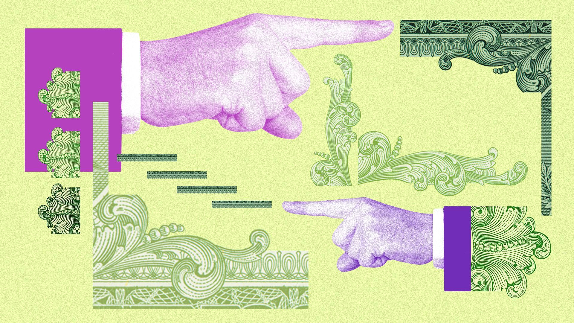 Illustration of hands pointing at one another, collaged with money elements.