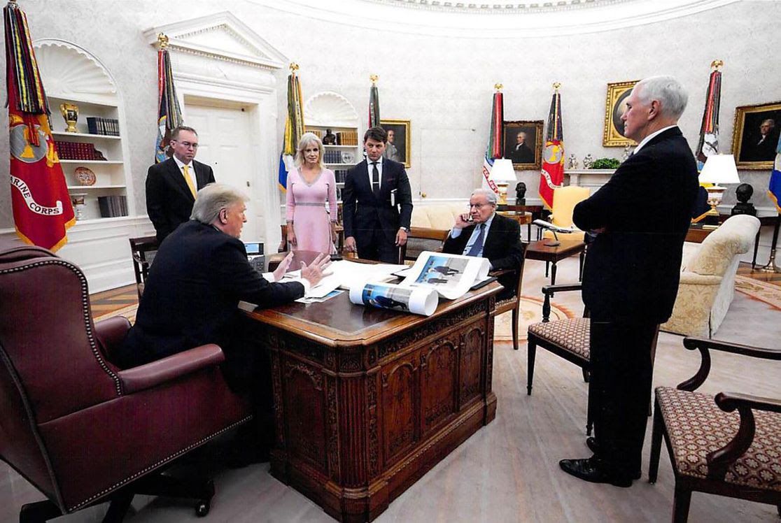 the oval office with conway, mulvaney, gidley, pence and trump