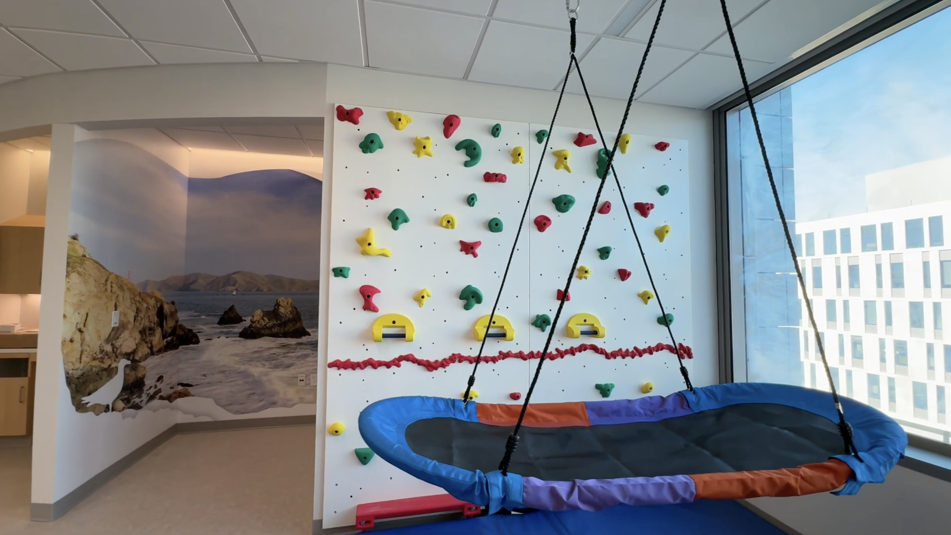 Photo of a rock climbing wall with a swing hanging next to it