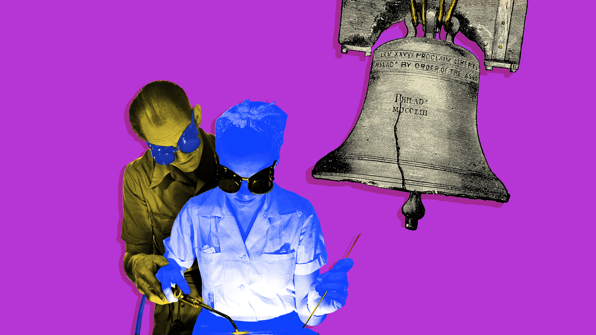 Photo collage of a teacher showing a student how to solder and a woodcut of the Liberty Bell.