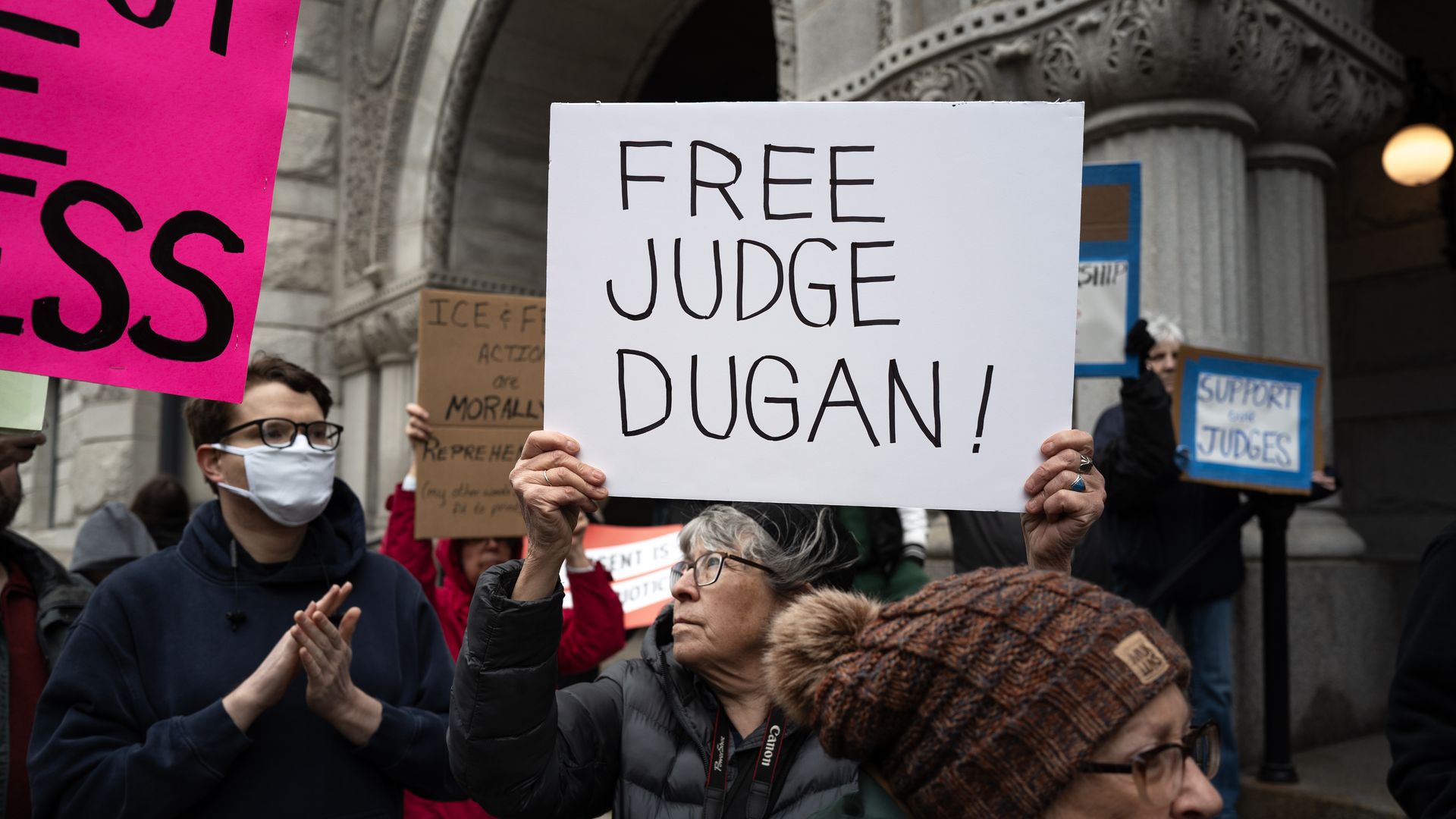 Demonstrators protest in front of the federal courthouse where Milwaukee County Circuit Judge Hannah Dugan appeared in front of a judge after being arrested by the FBI as she arrived for work this morning at the Milwaukee County Courthouse on April 25, 2025 in Milwaukee, Wisconsin. Judge Dugan has b