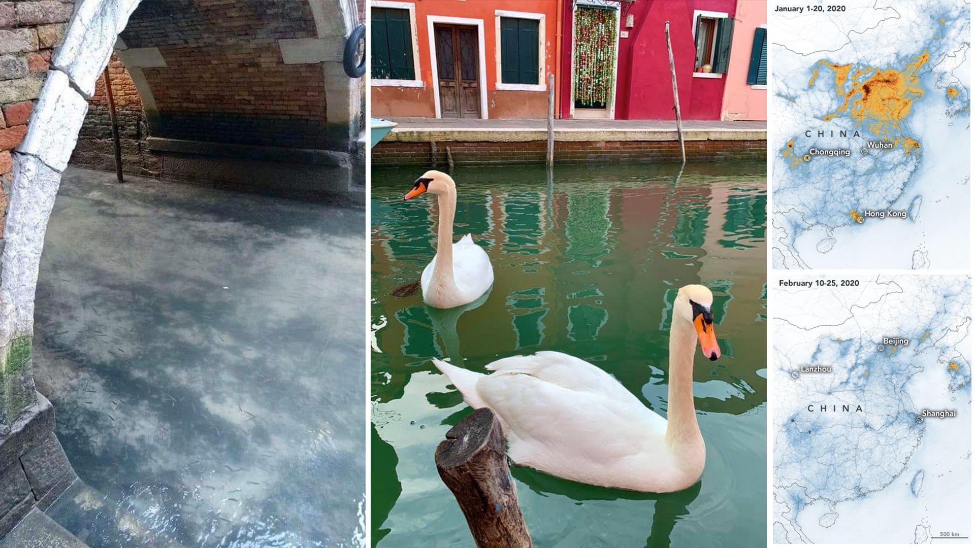 Compilation of images of clean skies and water during the coronavirus pandemic