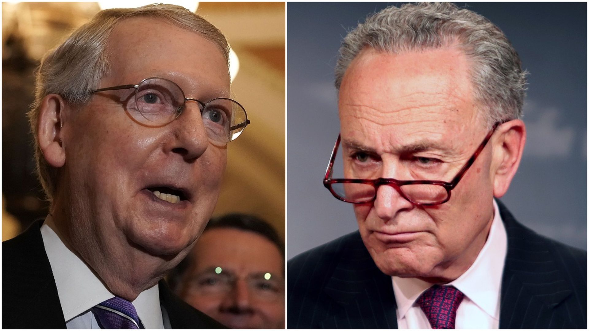 Close up of Mitch McConnell on the left and Chuck Schumer on the right