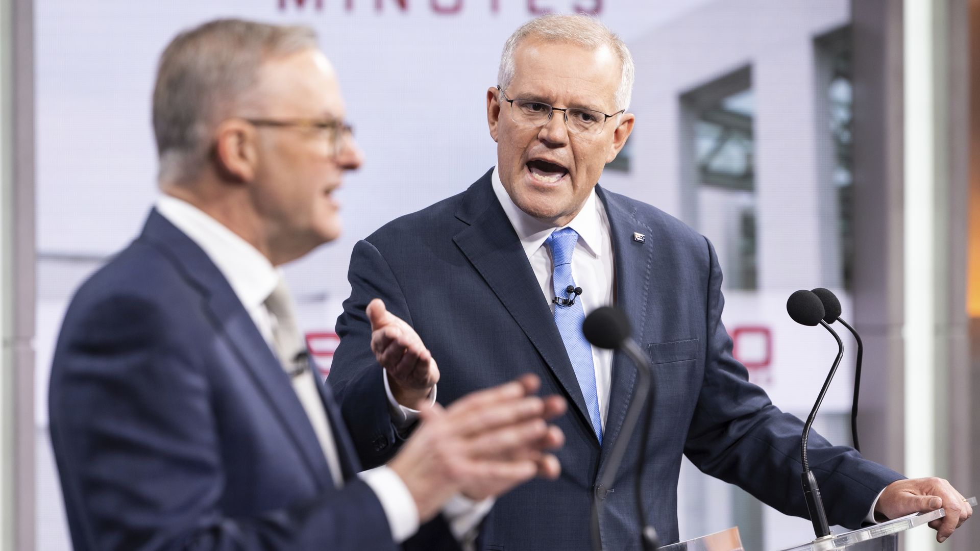 Now-Australian Prime Minister Anthony Albanese and predecessor Scott Morrison debate on live television ahead of the federal electionin May in Sydney, Australia. 