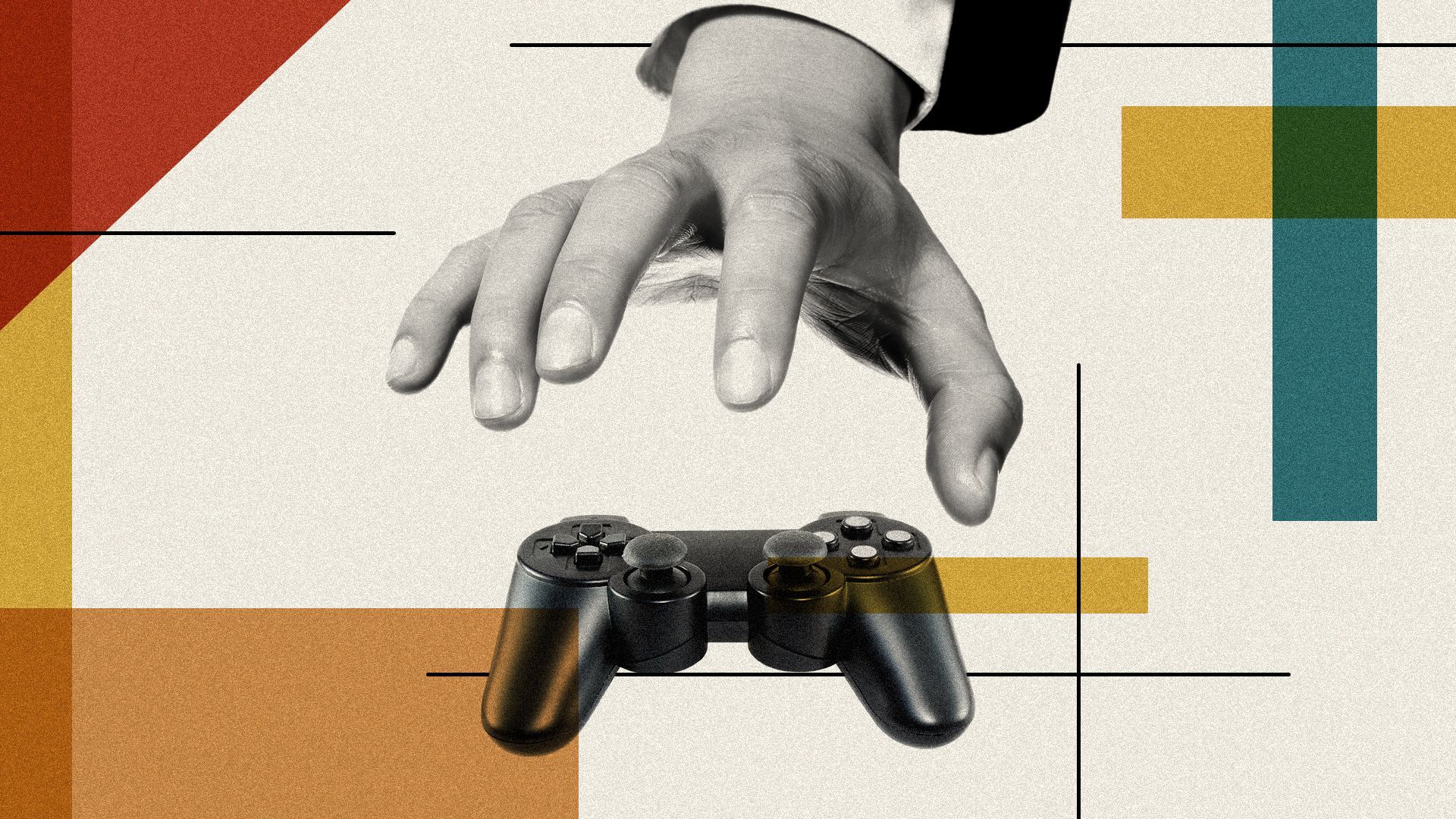 Illustration of a hand in a suit about to grab a video game controller