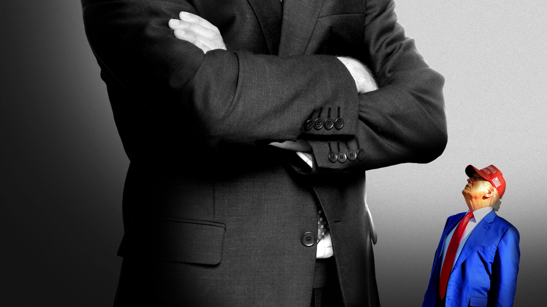 Photo illustration of a small President Trump looking up at a giant man in a suit with arms crossed