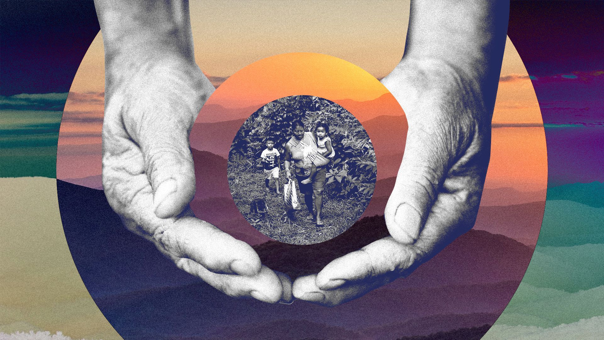 Photo illustration of a collage of hands holding a family on a background of sunrises. 
