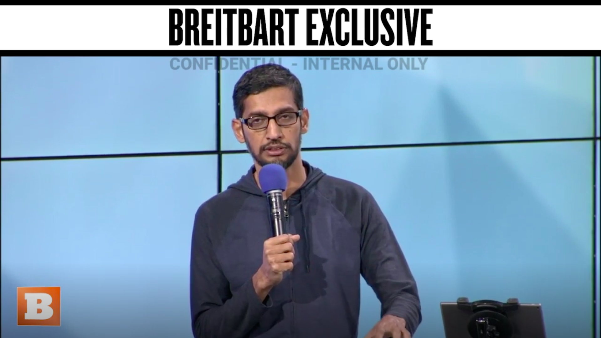 A screenshot from a video of Google executives talking at an internal meeting after the 2016 election