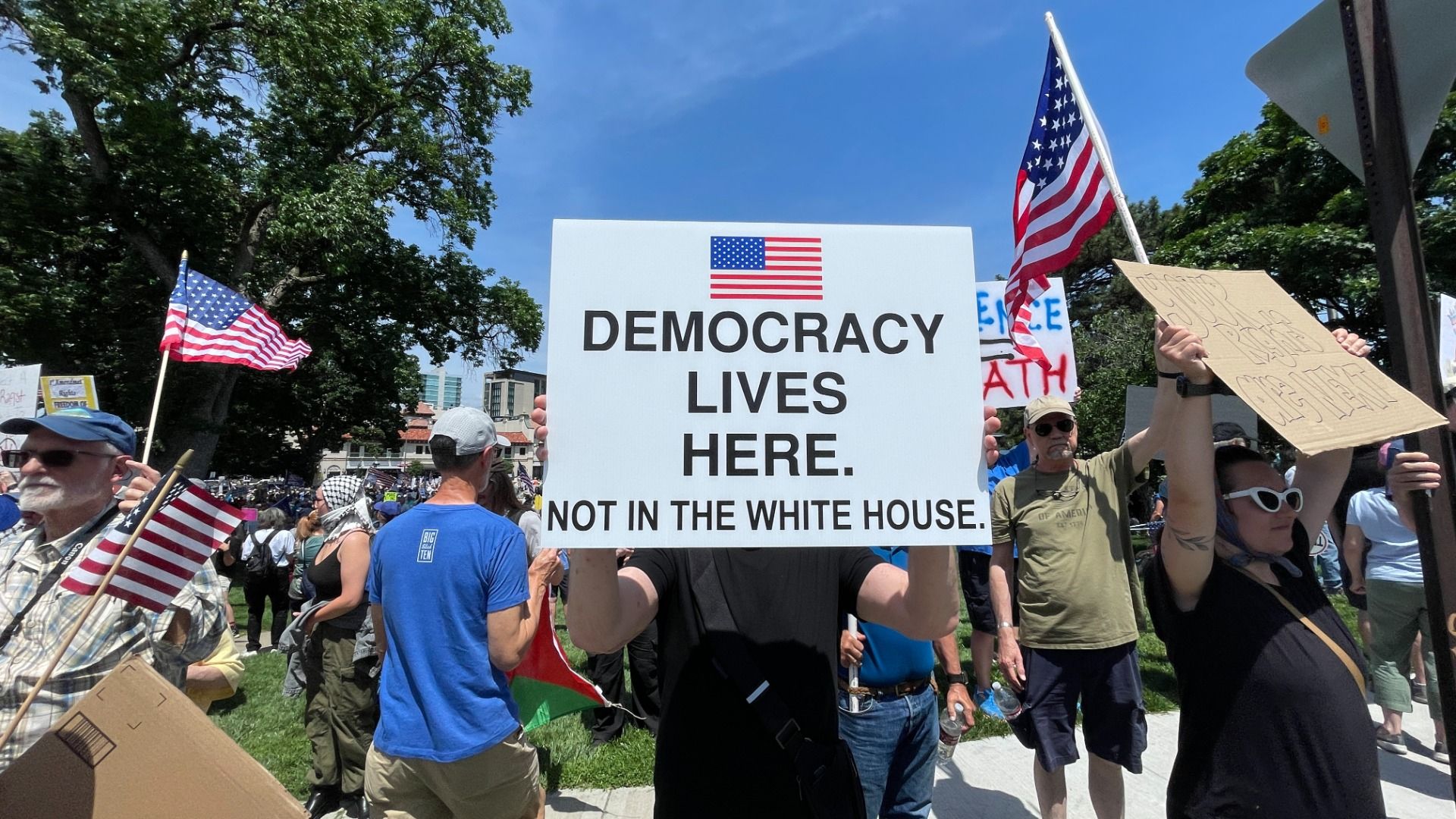 Crowd at a protest outdoors with American flags and various signs, including one in the center reading "DEMOCRACY LIVES HERE. NOT IN THE WHITE HOUSE." under a clear blue sky.