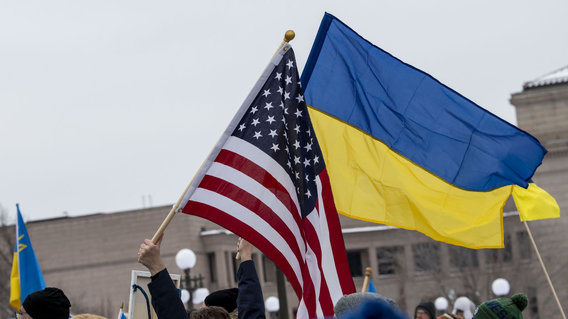 U.S. and Ukrainian flags during a rally in support of Ukraine in St. Paul, Minnesota, in March 2022. 