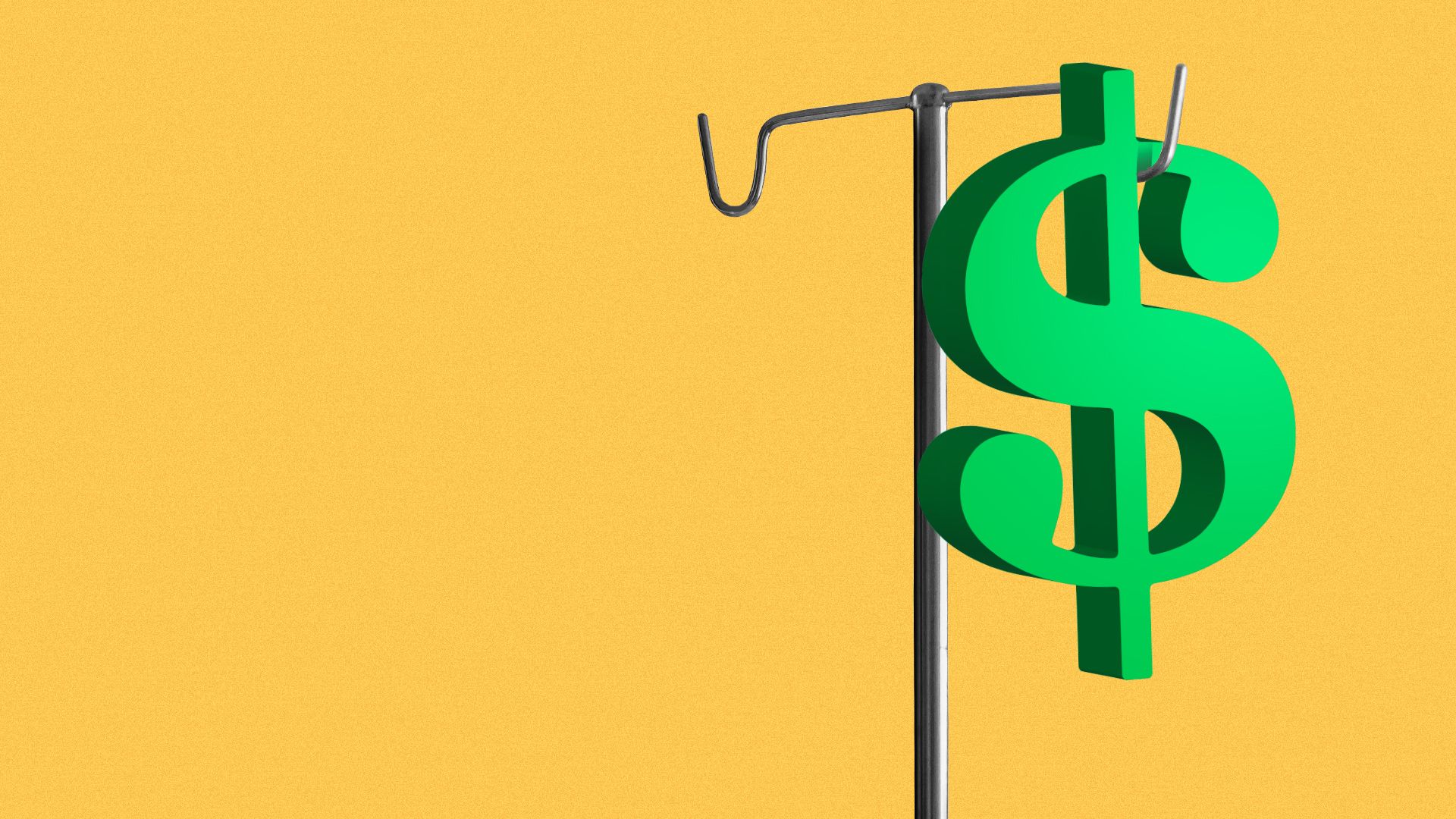 Illustration of a dollar sign hanging on an IV stand. 