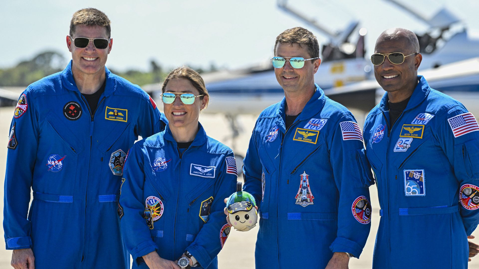 Canadian Space Agency Mission Specialist Jeremy Hansen, Mission Specialist Christina Koch, Commander Reid Wiseman and pilot Victor Glover