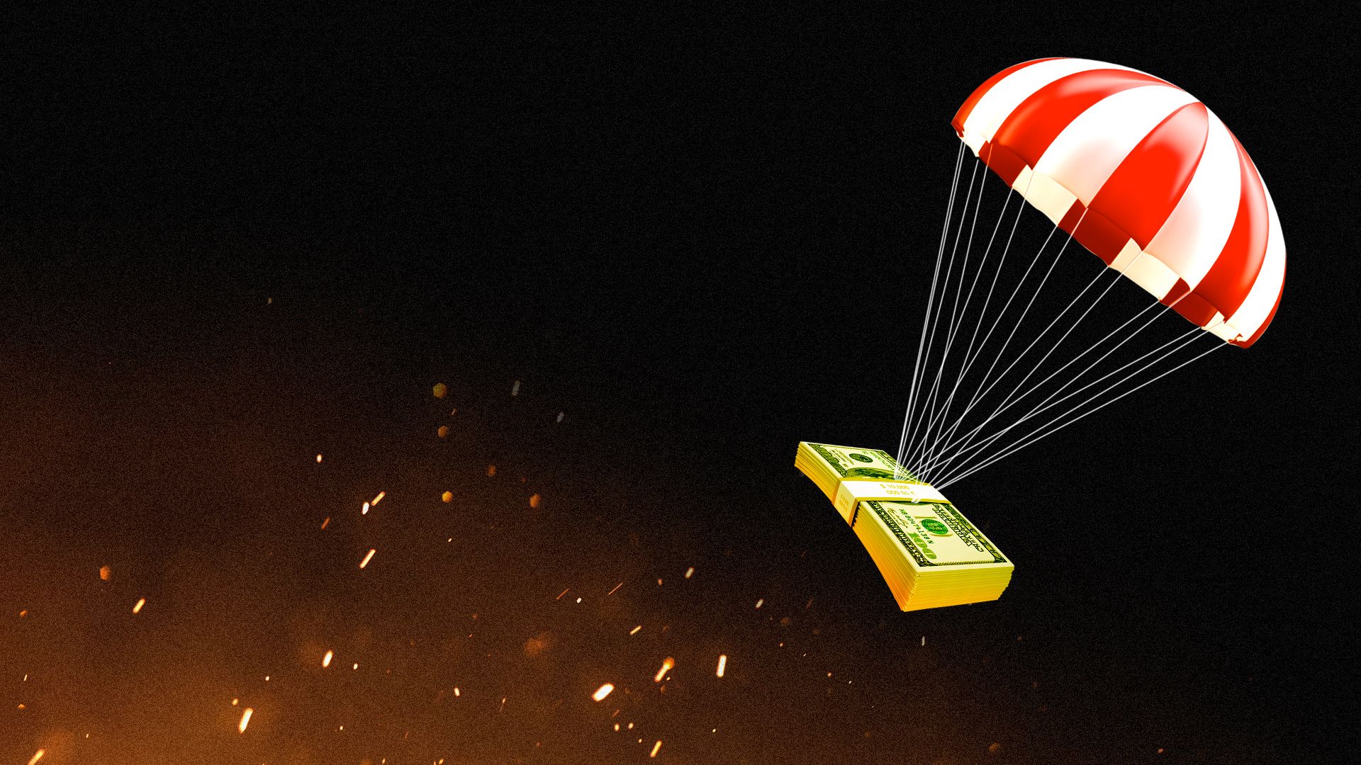 Illustration of a stack of cash parachuting out from a fire.