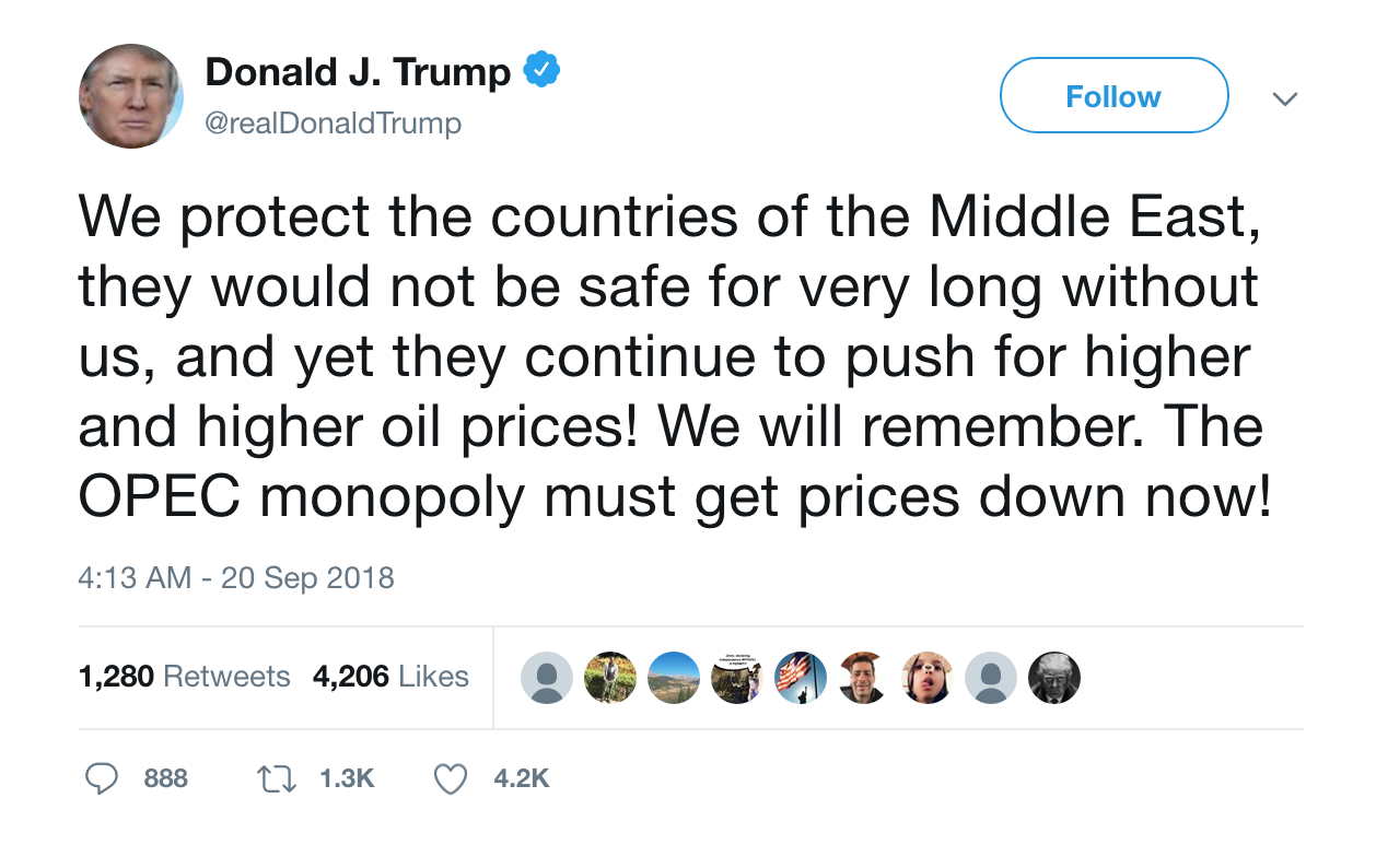 Screenshot from Sept. 20, 2018, tweet from President Trump saying OPEC need to lower prices
