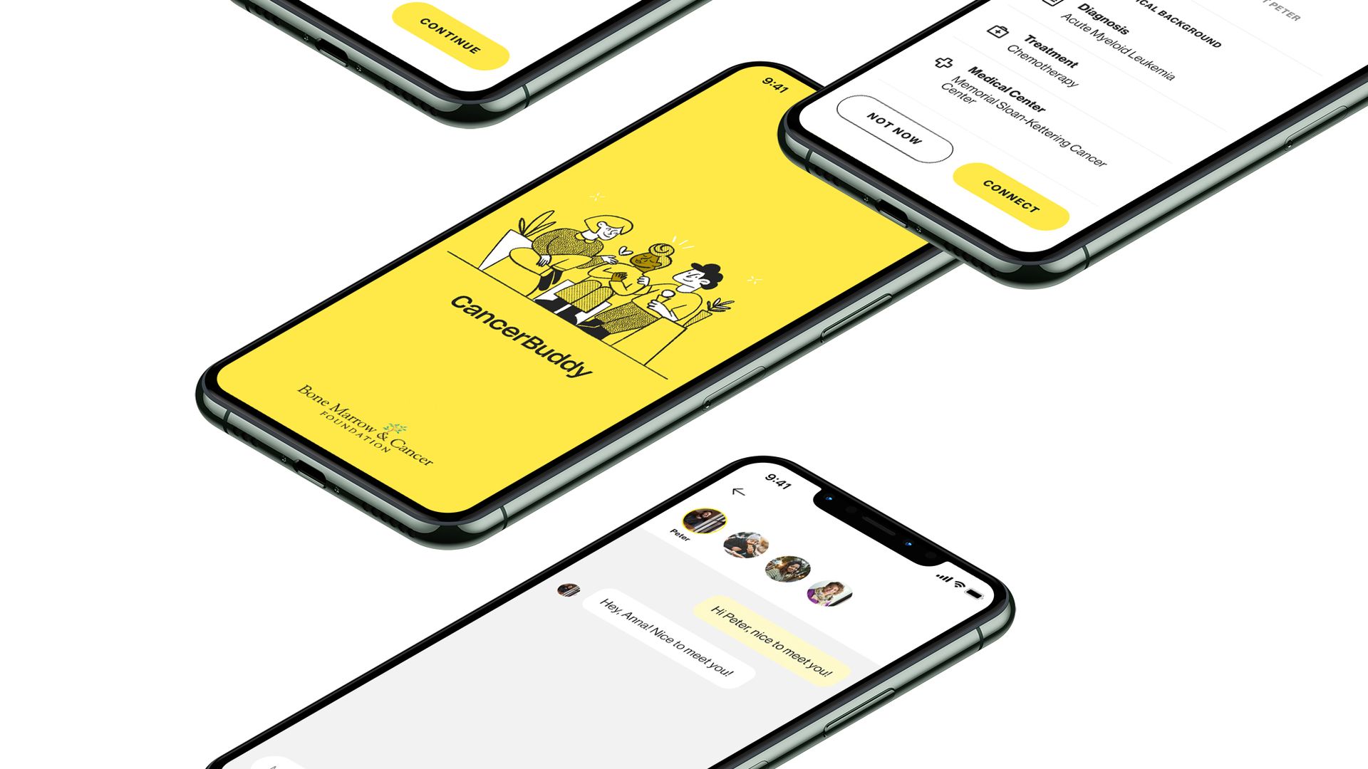 Several angled smartphones display a medical app; bright yellow CancerBuddy screens with a Connect button, and a Peter profile screen listing diagnosis and care options.