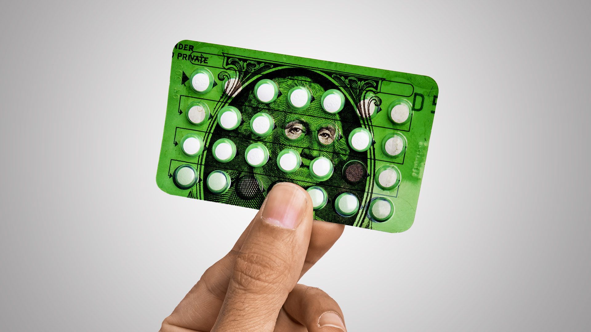 Illustration of a hand holding a packet of birth control pills with dollar bill imagery overlayed