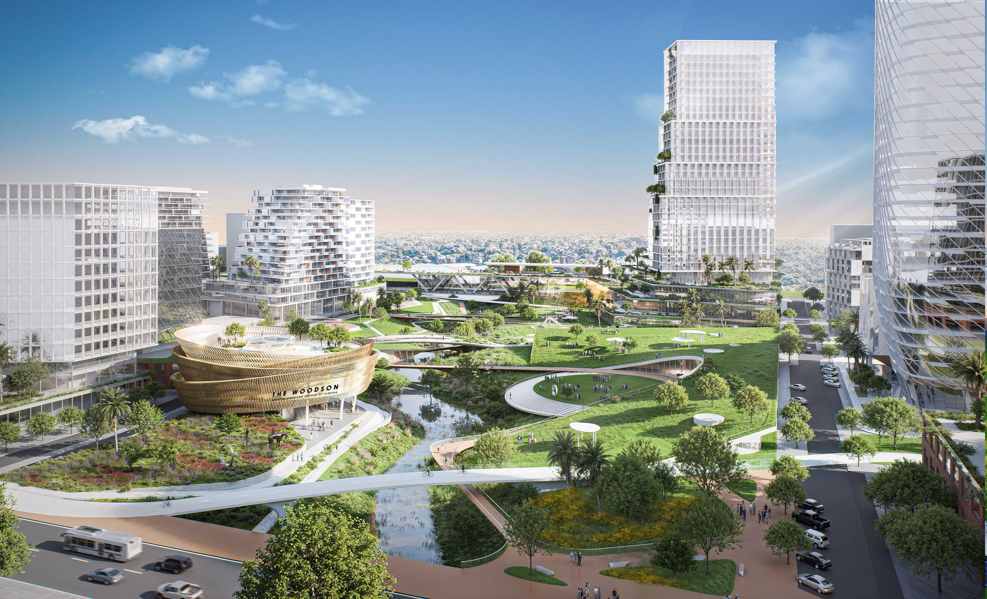 Modern cityscape featuring futuristic buildings, including a circular golden structure labeled "The Woodson."