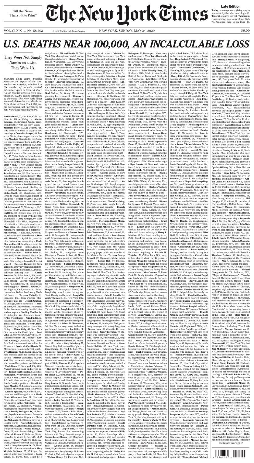 New York Times front page honors 1,000 Covid-19 victims - Axios