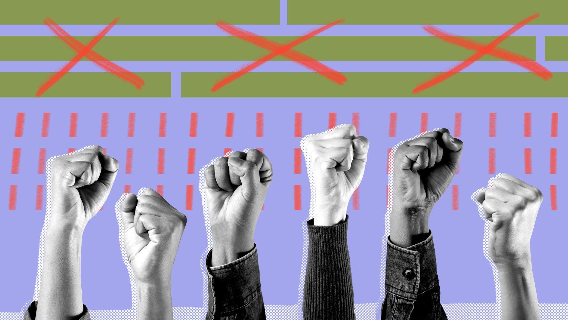 Illustration of raised fists with hand drawn exes and lines.