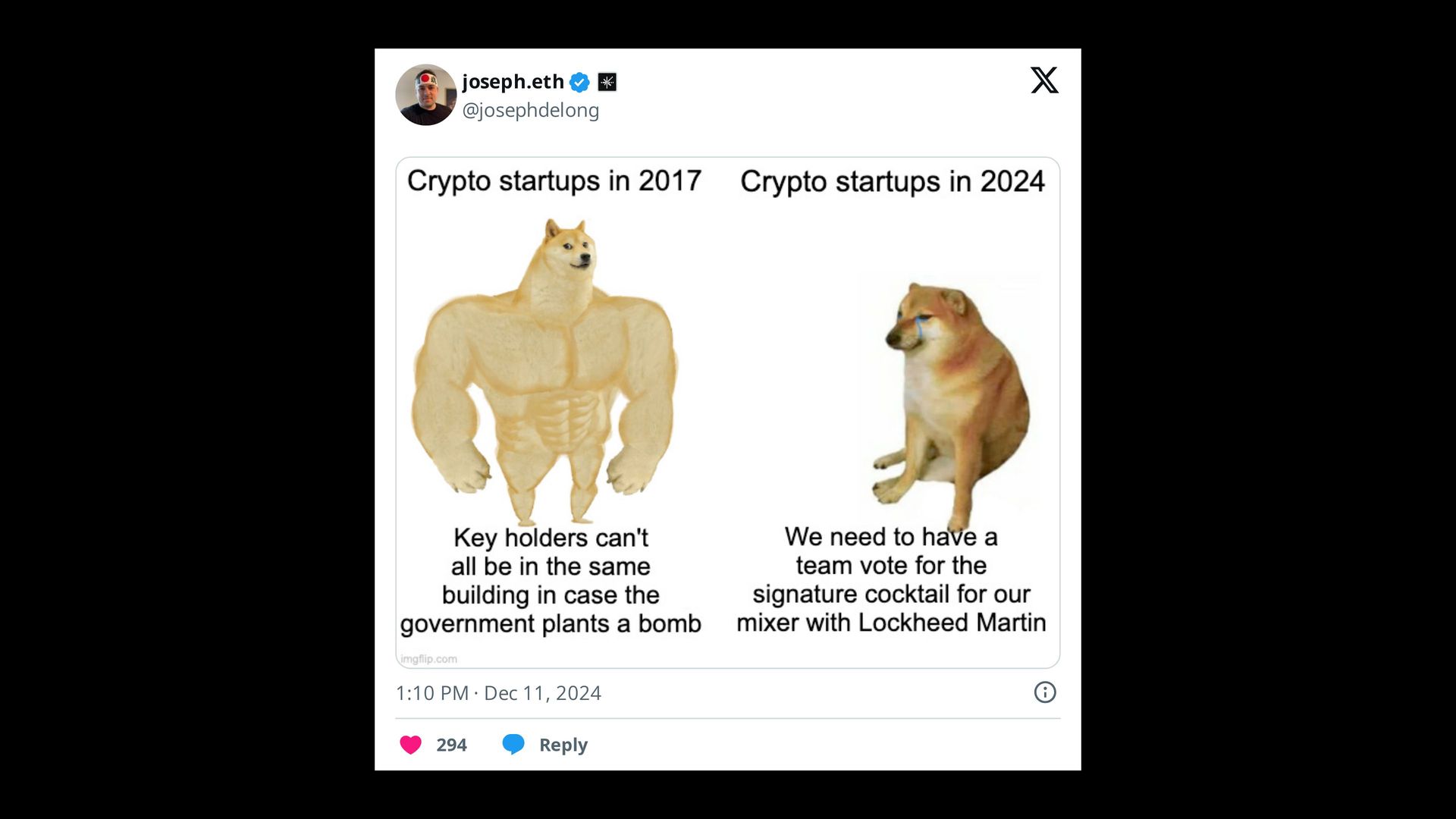 A screenshot of a meme posted on X. The strong dog, weak dog meme. 