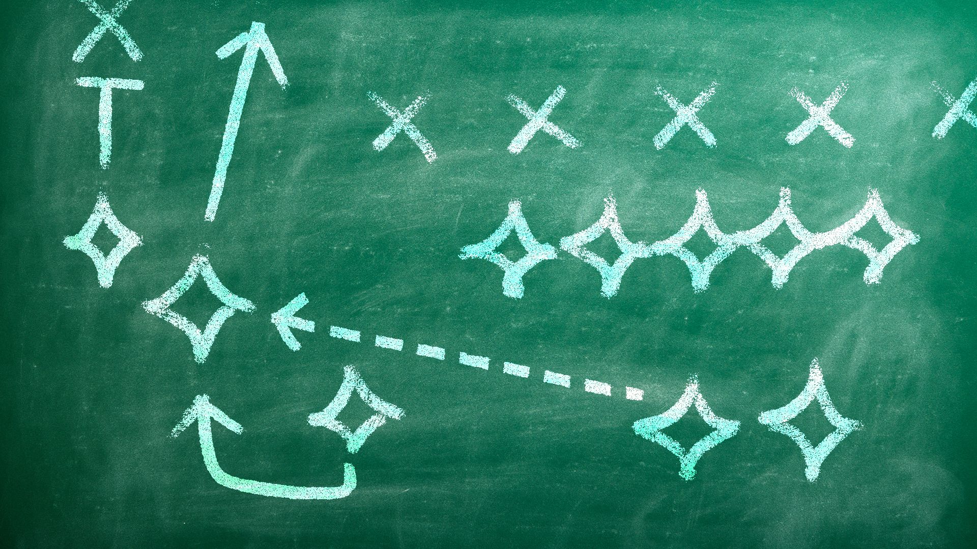 Illustration of a football play diagram on a chalkboard. The circles representing offensive players have been replaced by sparkle shapes.