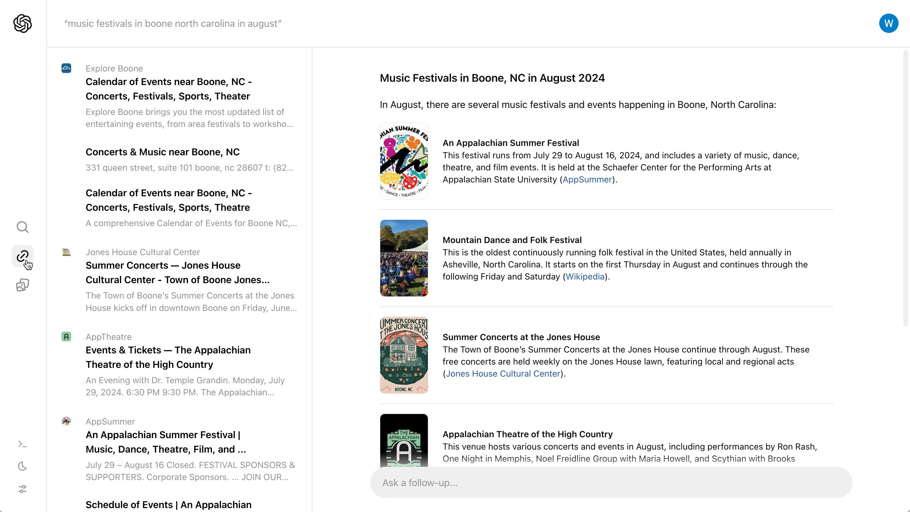 A screenshot of SearchGPT provided by OpenAI.