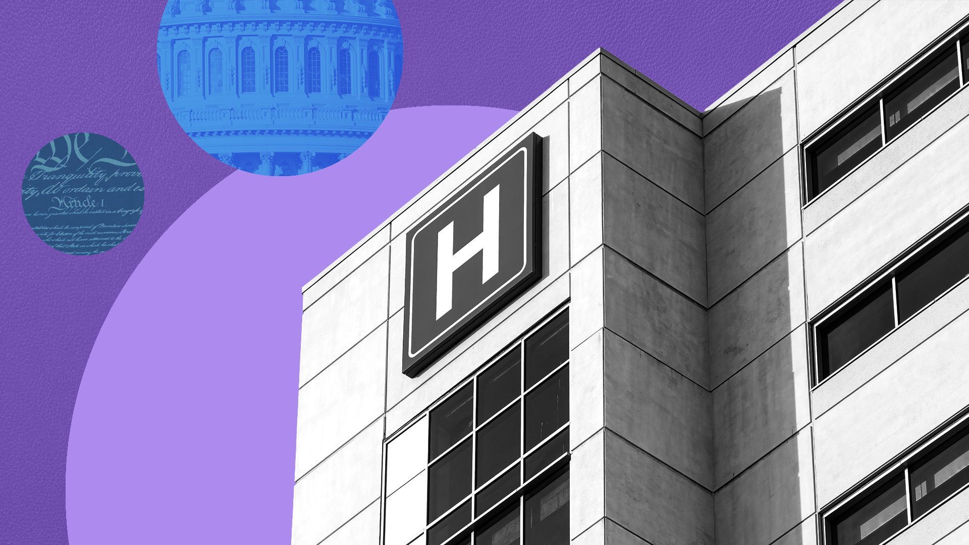 illustration of a hospital surrounded by circles overlaid with the capitol building and legal text