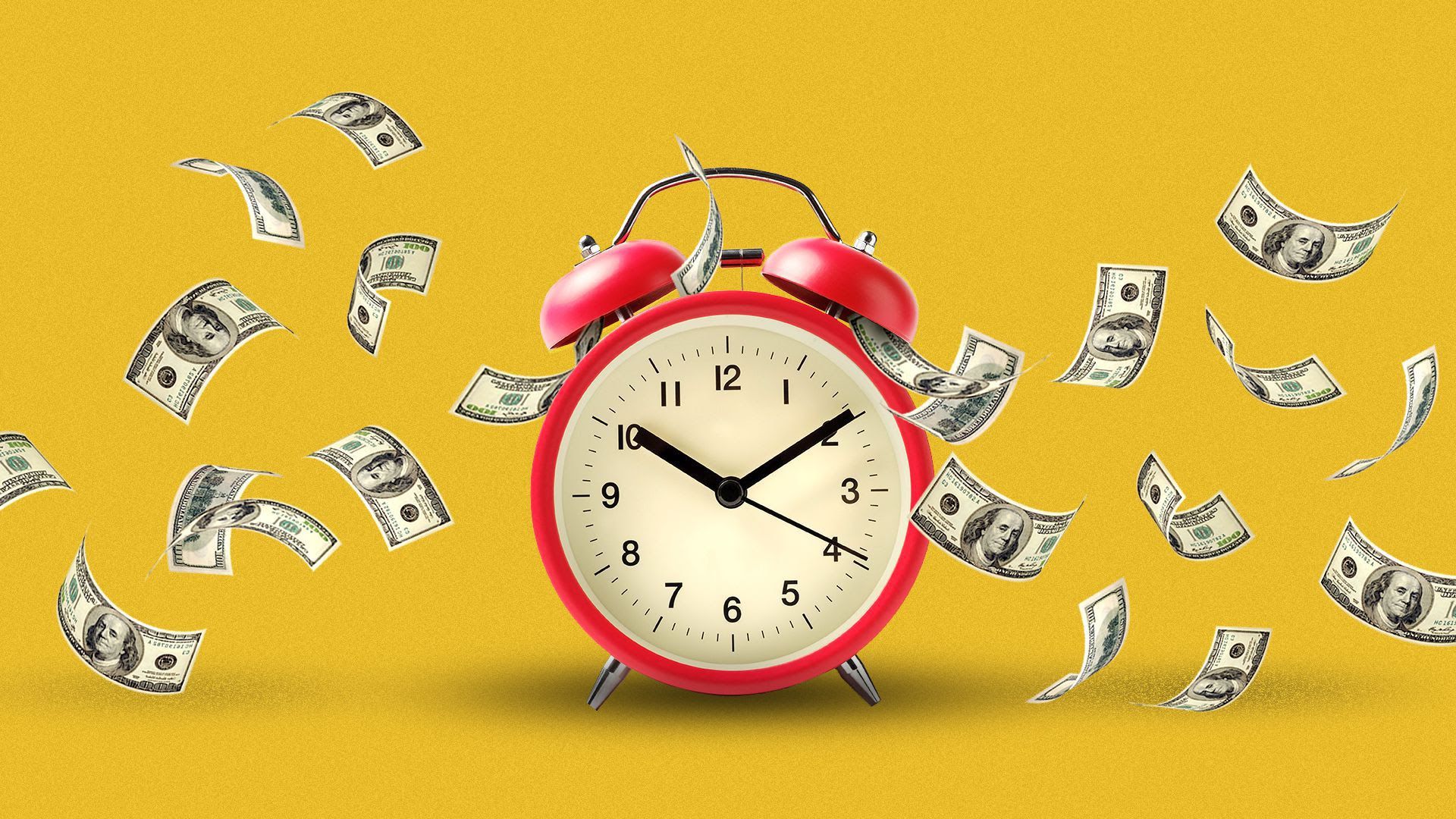 Illustration of an alarm clock with money falling around it.