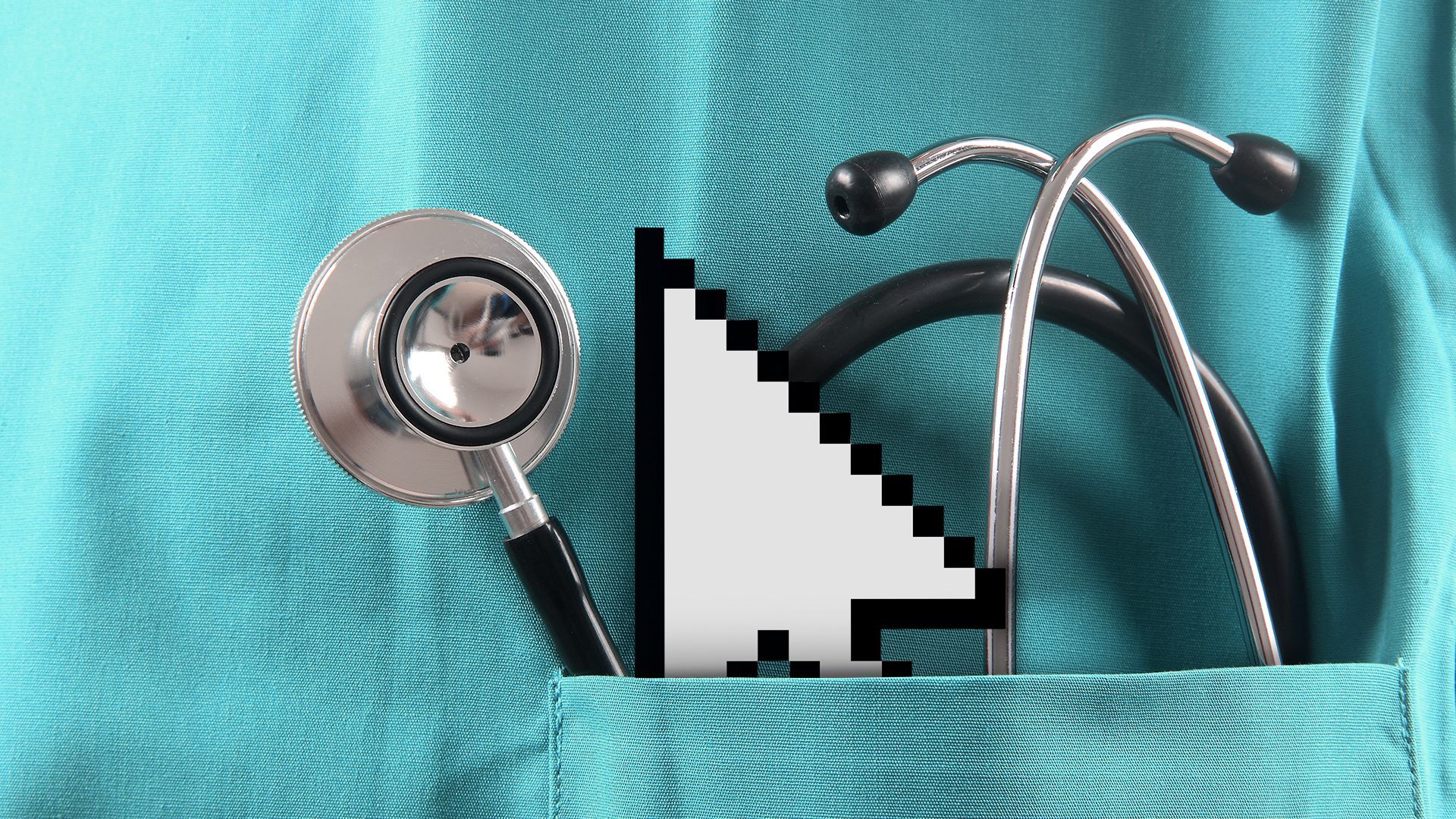 Illustration of a medical professional's pocked with a stethoscope and a cursor inside