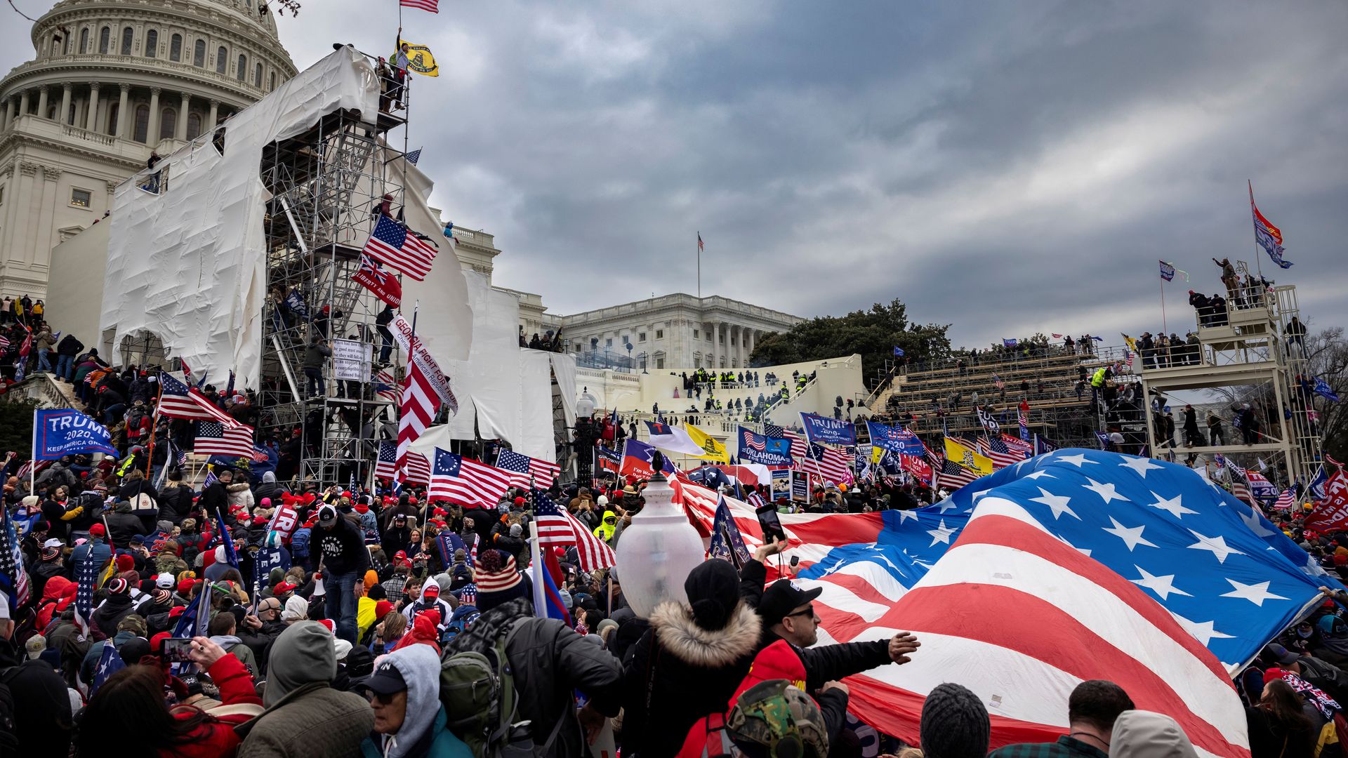 Trump supporters clash with police and security forces as people try to storm the US Capitol on January 6, 2021 in Washington, DC.