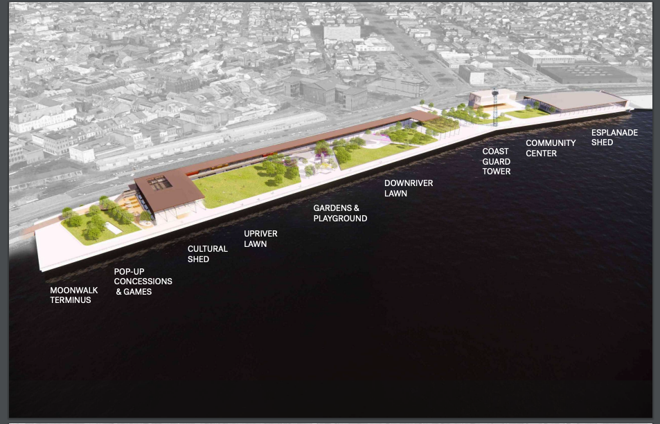Image shows a plan for a riverfront park.