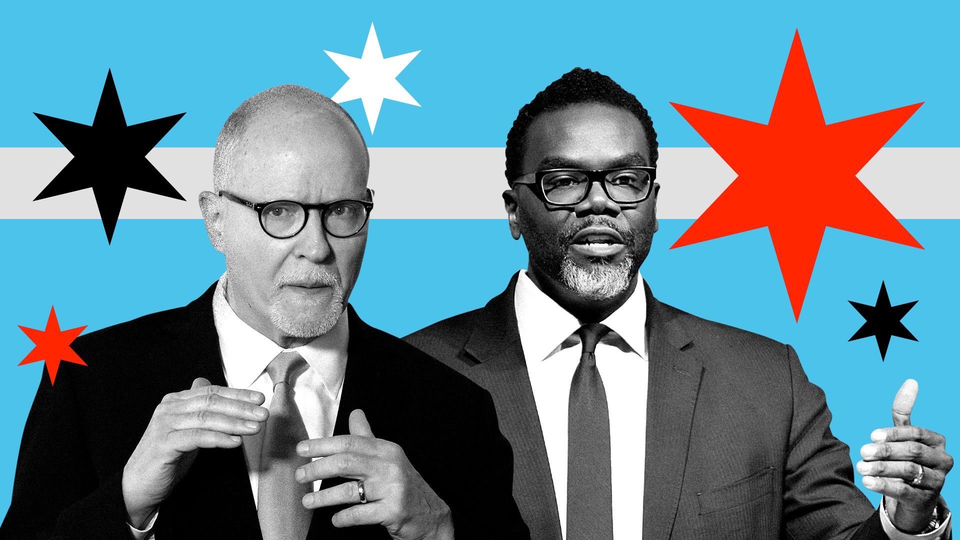 Photo illustration of Paul Vallas and Brandon Johnson surrounded by an abstract pattern of stars of the Chicago flag.