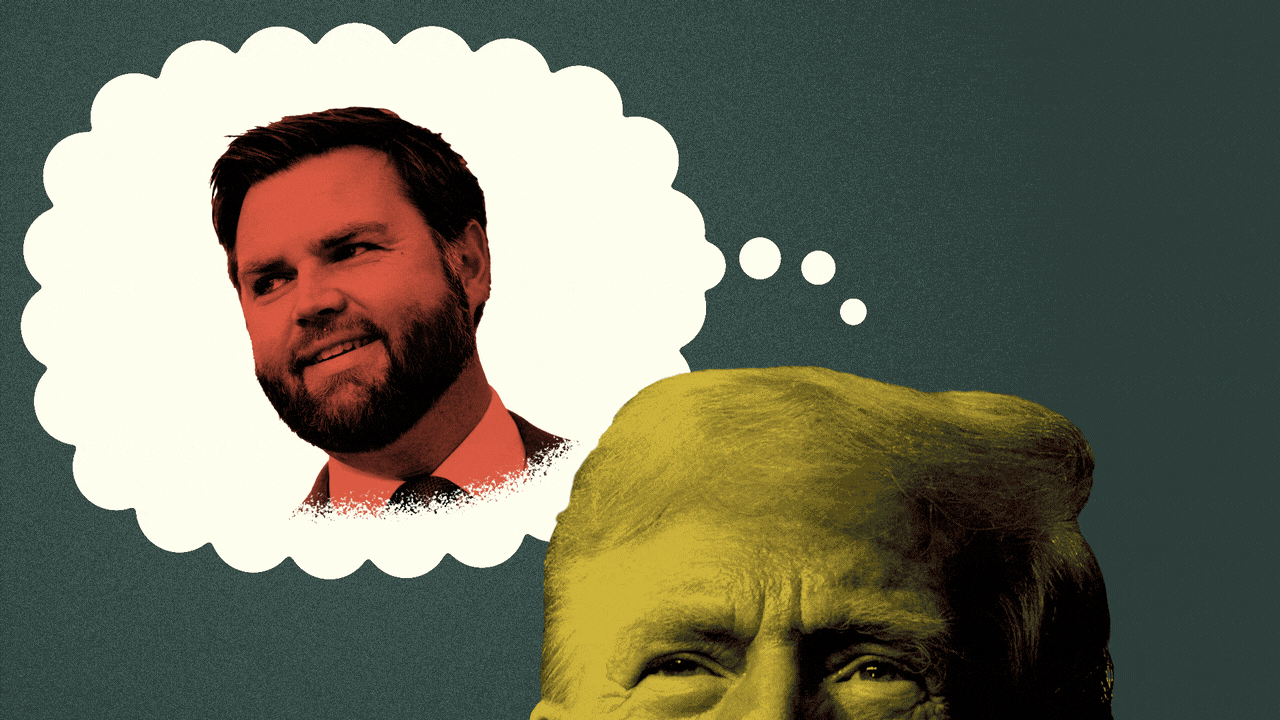 Animated photo illustration of a thought bubble coming from Donald Trump, with JD Vance, Doug Burgum, Marco Rubio and Tim Scott cycling through it.