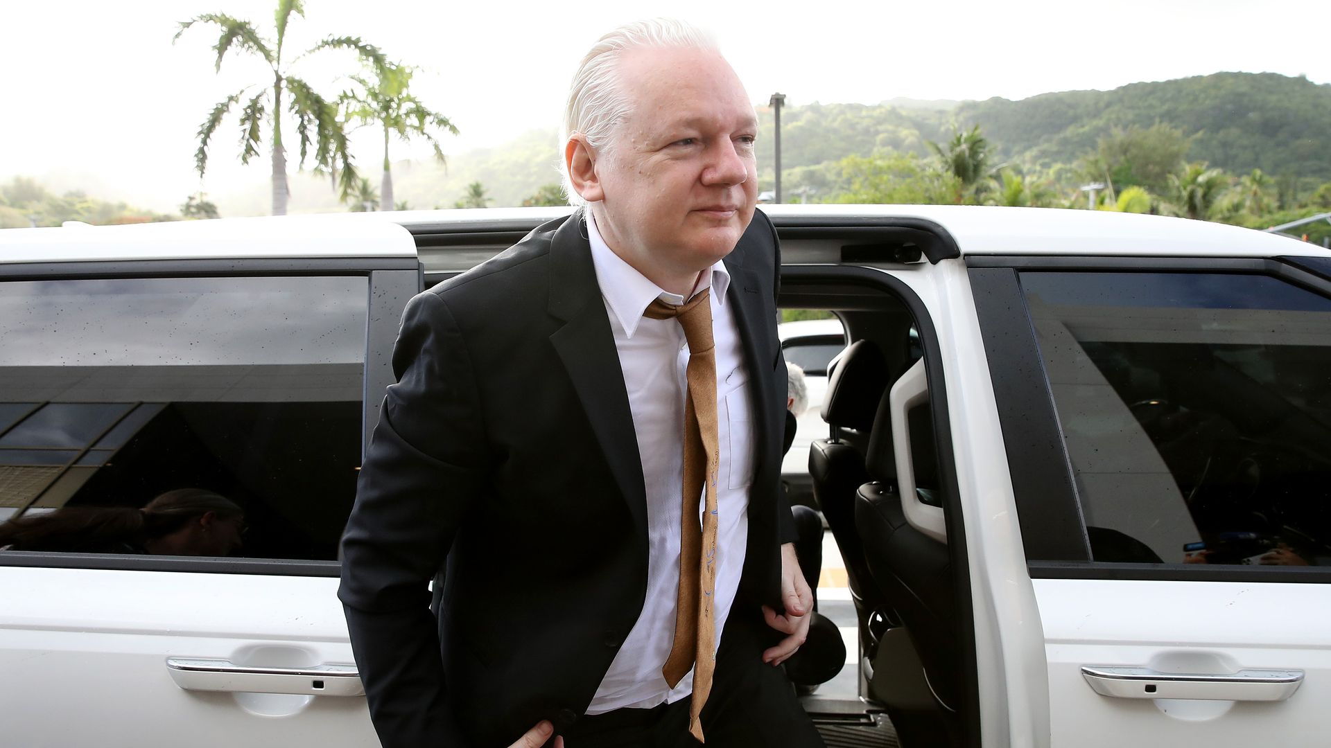  WikiLeaks founder Julian Assange arrives at the United States Courthouse where he is expected to enter a guilty plea to an espionage charge ahead of his expected release on June 26, 2024 in Saipan, Northern Mariana Islands. 