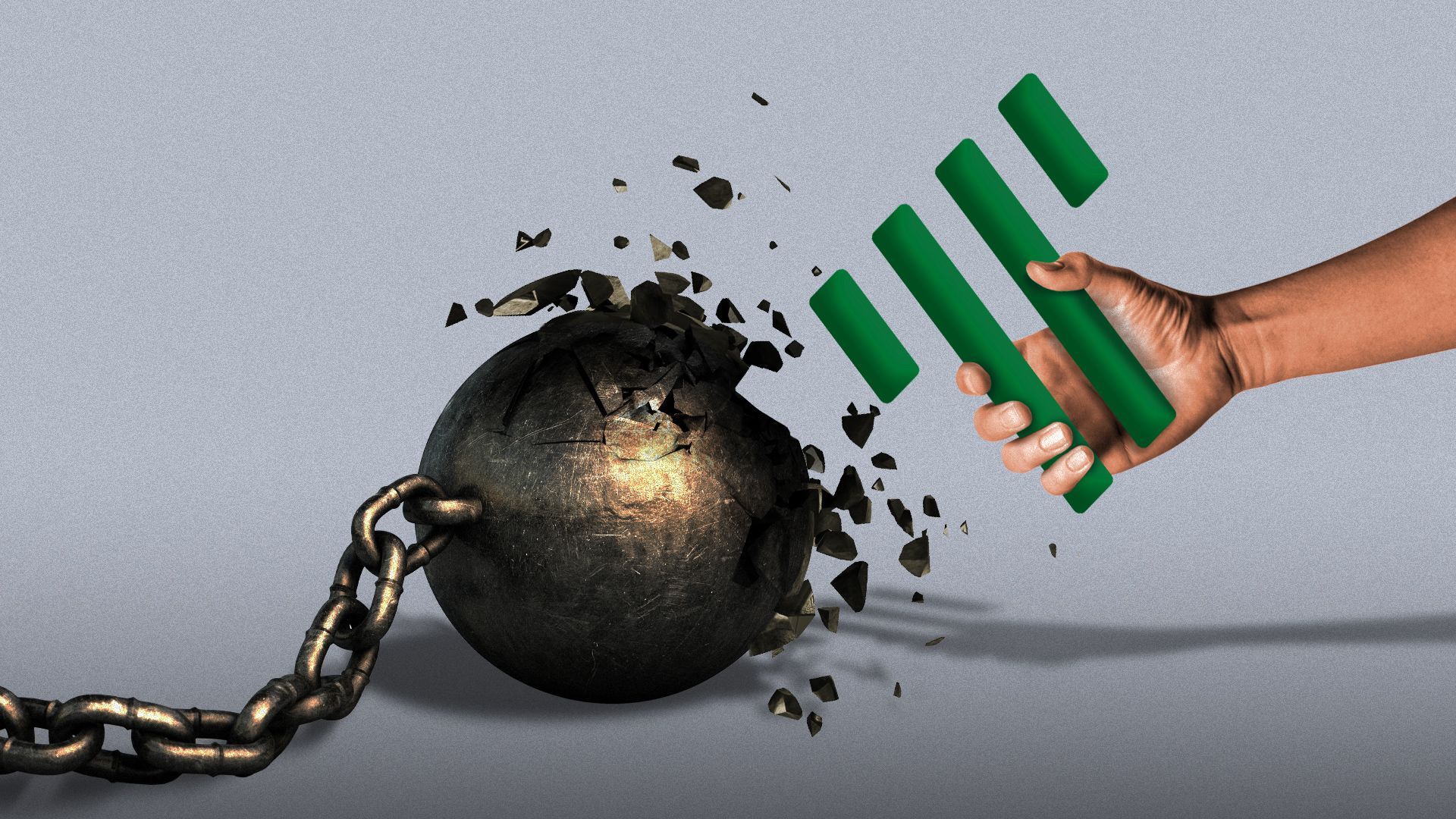 Illustration of a hand using the Tally logo as a hammer to break the ball on a ball and chain.